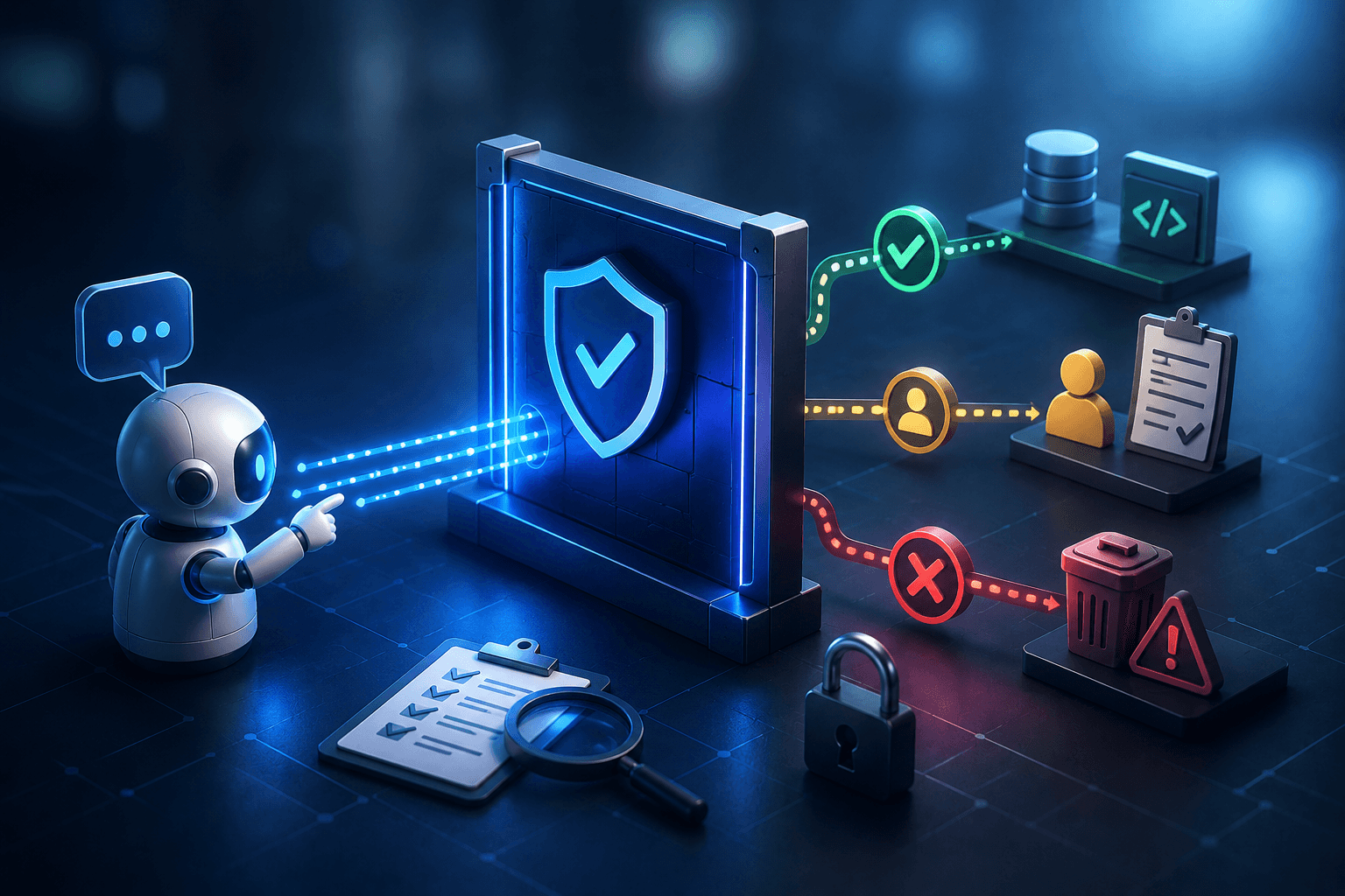 An AI agent sends tool-call requests into a glowing policy gate marked with a shield and checkmark. Three paths leave the gate: a green tick allowing calls through to a database and a code service, a yellow path routing to a human reviewer with a clipboard, and a red cross blocking a destructive action at a warning sign. An audit checklist under a magnifying glass and a padlock sit in the foreground.